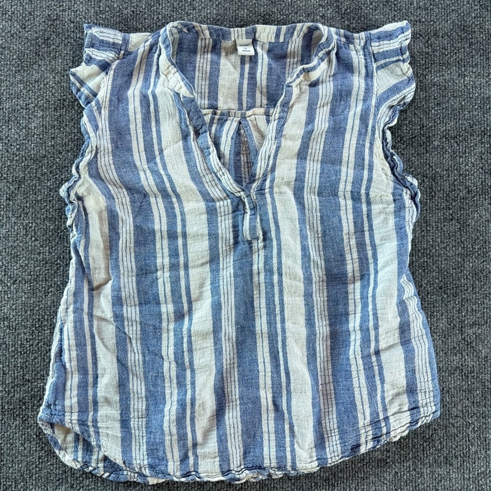 Old Navy Women Blue White Striped Linen Cotton Flutter Sleeve Blouse XS Spring